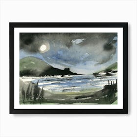 Mountain Lake - watercolor ink landscape hand painted nature Art Print