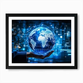 Blue Fingertip On Digital Globe Symbolizing Connection Artificial Intelligence Intertwining With Hu (2) Art Print