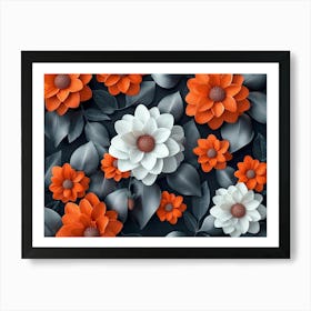 3d Colorful Flowers With Leaves Seamless Pattern, Orange And White Dahlia Flowers, Grey Art Print