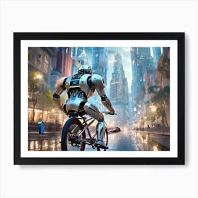 Robot Cycling Through The City Art Print