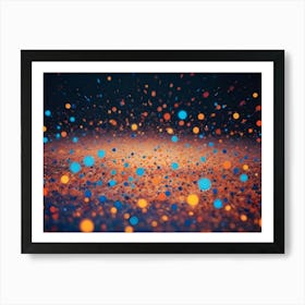 Abstract Background With Colorful Bokeh Circles In Blue, Orange, And Yellow Against A Dark Background, Resembling Fireworks Or A Shower Of Sparks Art Print