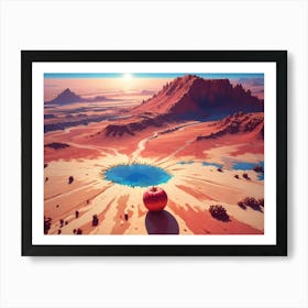 A Surreal Landscape With Red Mountains, A Blue Lake, And A Red Apple In The Foreground Art Print