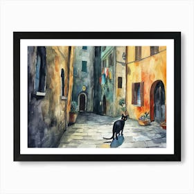 Black Cat In Pisa, Italy, Street Art Watercolour Painting 1 Art Print