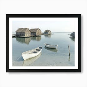 Two Rowboats At The Incoming Tide On The Coast, Calm Water, Overcast Sky, Rustic Dock Houses Art Print