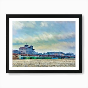 Coastal Serenity in Viareggio. A tranquil view of Viareggio's beach area, featuring iconic seaside structures and vibrant beach cabins, under a dramatic sky. The soft pastel tones of the scene reflect the relaxed charm of Versilia's coastline. Art Print