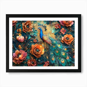 Bright Color Floral with Exotic Oriental Pattern Flowers and Peacocks 1 Art Print