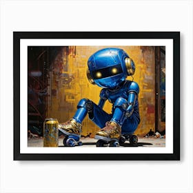 Blue Eyed Robot Inline Roller Skates Disguised As Sweaty Gold Aluminum Can Cobalt Blue Straw From Art Print