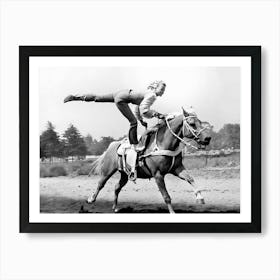 Cowgirl Trick Riding A Horse, Black and White Old Photo, Vintage Cowgirl Art Print