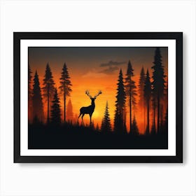 Deer Silhouette At Sunset Art Print
