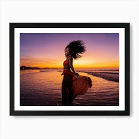 African Woman Radiant Smile Embracing The Warmth Of A Summer Sunset Silhouette Outlined Against T (2) Art Print