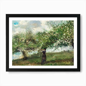 Girl Picking Apple Blossoms Vintage Floral Painting Art Print