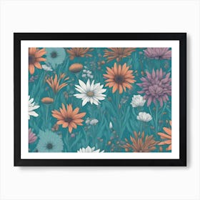 Floral Blue And Orange Art Print