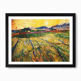 Sunset In The Fields Trees Countryside Painting Art Print