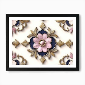 Seamless Sculpture Retro Pattern Curve Cross with Pink Flower, Leaf and Gold Frame Line Art Print