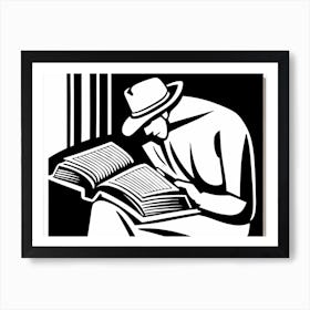 Lion cut inspired Black and white Stylized portrait of a Person reading a book, reading art, book worm, Reader 182 Art Print