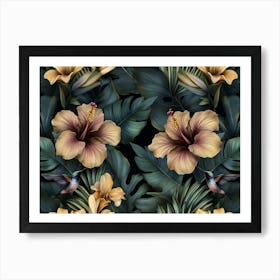 Tropical Exotic Pattern with Gold Hibiscus, Hummingbirds, Protea Flowers, Vintage Banana Leaves, Palm Leaves Art Print