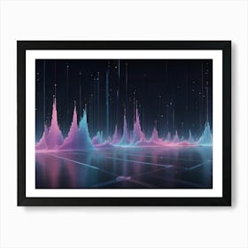 Abstract Image Of A Digital Landscape With Vertical, Glowing Lines In Shades Of Pink, Blue, And Purple Art Print