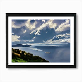 Coastal Landscape with Dramatic Clouds near Capo Caccia Sardinia. A black and white photograph captures a breathtaking coastal landscape. The sky is dominated by a dramatic expanse of dark, swirling clouds, casting shadows over the calm, reflective water below. A sliver of sunlight peeks through the clouds, illuminating the water with a shimmering, ethereal glow. In the distance, a rugged coastline stretches out, disappearing into the hazy horizon. Art Print