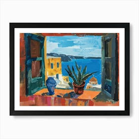 Santorini From The Window View Painting 4 Art Print