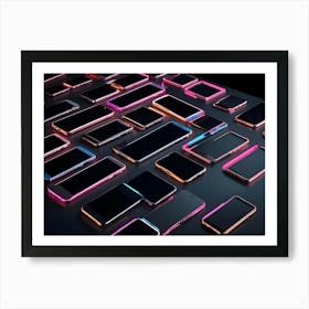 A Grid Of Smartphones With Black Screens And Glowing Pink, Blue, And Orange Borders, Arranged On A Dark, Reflective Surface Art Print