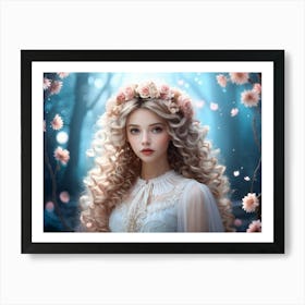 Whimsical Girl Adorned With A Floral Wreath Cascading Skeleton Flowers Hair Sporting Elaborate Curl Art Print