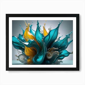 A Dynamic Splash Of Colorful Liquids In Shades Of Turquoise, Yellow, And White, With Droplets Suspended In Mid Air 1 Art Print