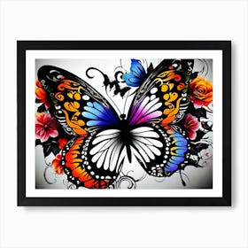 Butterfly With Roses 2 Art Print