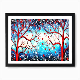 Winter Night - Red Trees In The Snow Art Print