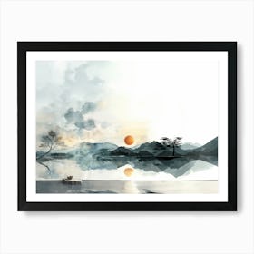 Lake, single tree, Japanese Style, minimalistic, watercolor, blue and grey Art Print