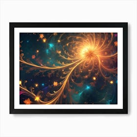 A Glowing, Fractal Flower With Intricate Petals And Swirling Lines, Surrounded By Smaller Blossoms And Sparkling Stars On A Dark Blue Background Art Print