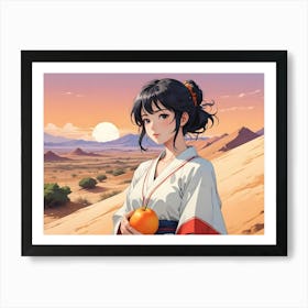 A Young Woman With Black Hair Stands In A Desert Landscape, Holding An Orange Fruit Art Print