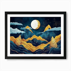 3d Modern Landscape, Dark Blue Background and Moon Art Print