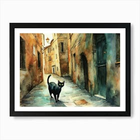 Black Cat In Siena, Italy, Street Art Watercolour Painting 3 Art Print