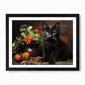 Cute Black Cat And Flowers 06 Art Print