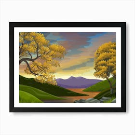 Scenic Vista Horizon Sky Clouds Sun Light River Water Trees Fall Nature Environment Stylized Painting Art Green Art Print