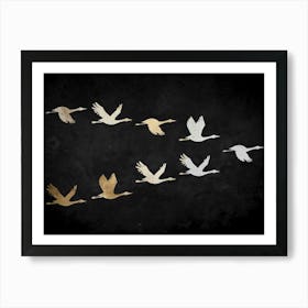 Black and Gold Flying Japanese Cranes Arwork Art Print