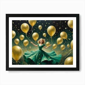 A Woman In A Green Dress Twirling With Joy Amidst A Flurry Of Gold Balloons And Confetti, Creating A Magical And Whimsical Scene Art Print