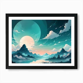 A Whimsical, Digital Illustration Of A Landscape With A Large, Full Moon, Mountains, A Lake, And Trees, Creating A Serene And Dreamy Atmosphere Art Print