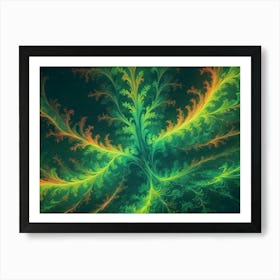 A Vibrant And Abstract Fractal Design Featuring Delicate, Feathery Shapes In Shades Of Green And Orange Against A Dark Background Art Print