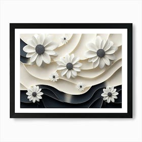 3d Look White and Black Circle with White Flower Art Print