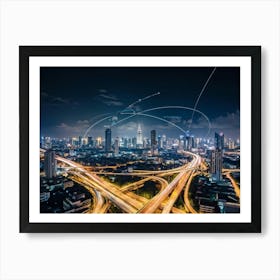 Aerial View Of Bangkok At Night Showcasing The Metropolitan District Interwoven With A Complex Tele (1) Art Print