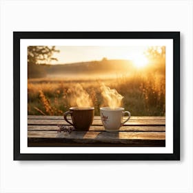 Two Coffee Cups On A Wooden Table At Sunrise Art Print