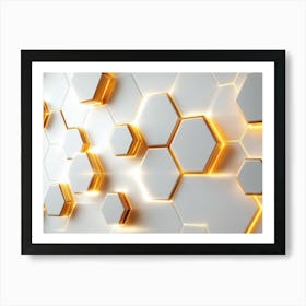 3d white and golden hexagon on the glowing light effects Art Print