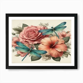 Dragonflies And Roses 1 Art Print