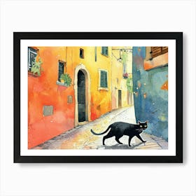 Black Cat In Rome, Italy, Street Art Watercolour Painting 3 Art Print