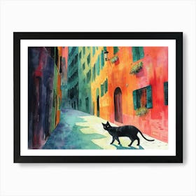 Black Cat In Milano, Italy, Street Art Watercolour Painting 4 Art Print