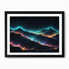 A Dramatic Landscape Of Mountains With Glowing Blue And Orange Light Trails Against A Dark Night Sky, Evoking A Sense Of Awe And Wonder Art Print