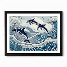 Jumping Dolphins Linocut Print Art Print