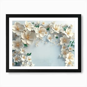 3d White And Blue Background, Featuring Golden Jewelry And Flowers Art Print