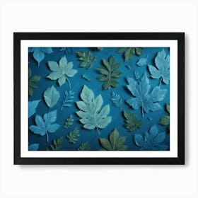 A Collection Of Large, Tropical Leaves In Shades Of Turquoise, Arranged On A Matching Blue Background Art Print